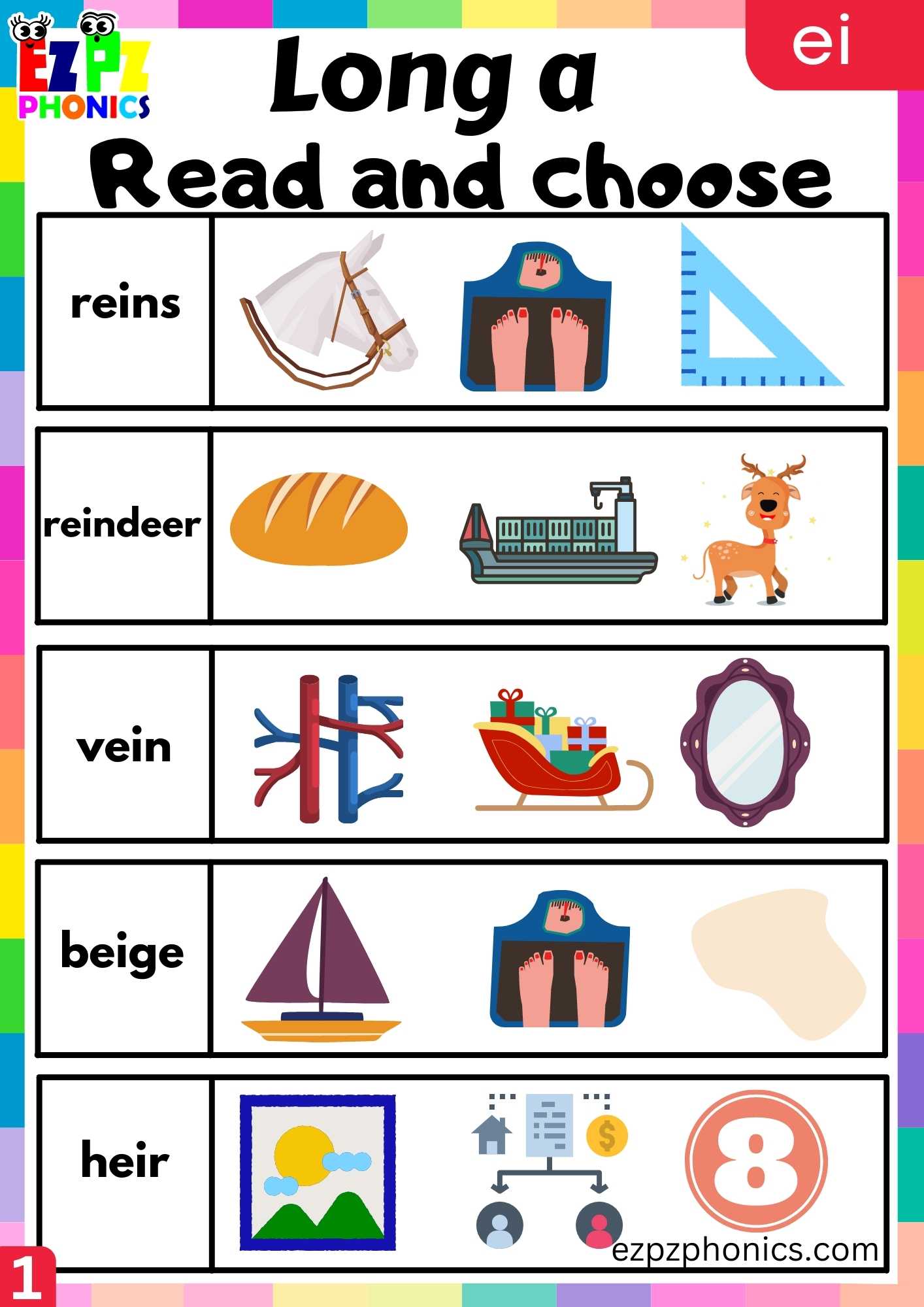 EI Words Read And Choose Long A Phonics Worksheet
